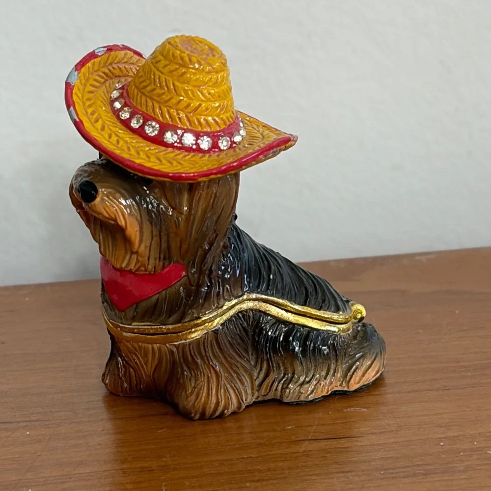 Vintage 90s Yorkie Dog Sombrero Rhinestone Enameled Hinged Trinket Box 2